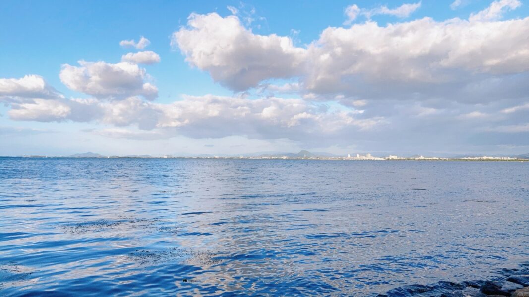 なぎさ公園おまつり広場から望む琵琶湖の水平線